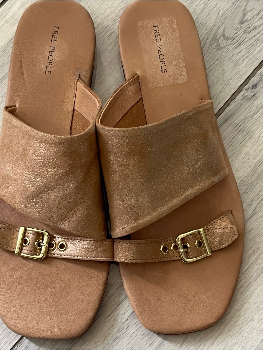 Free People Metallic Tan Slide Sandals with Gold Buckles